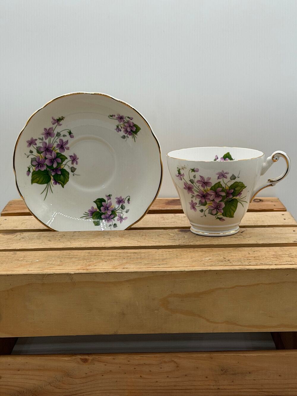 Vintage Regency English Bone China Purple Violet Teacup & Saucer Set